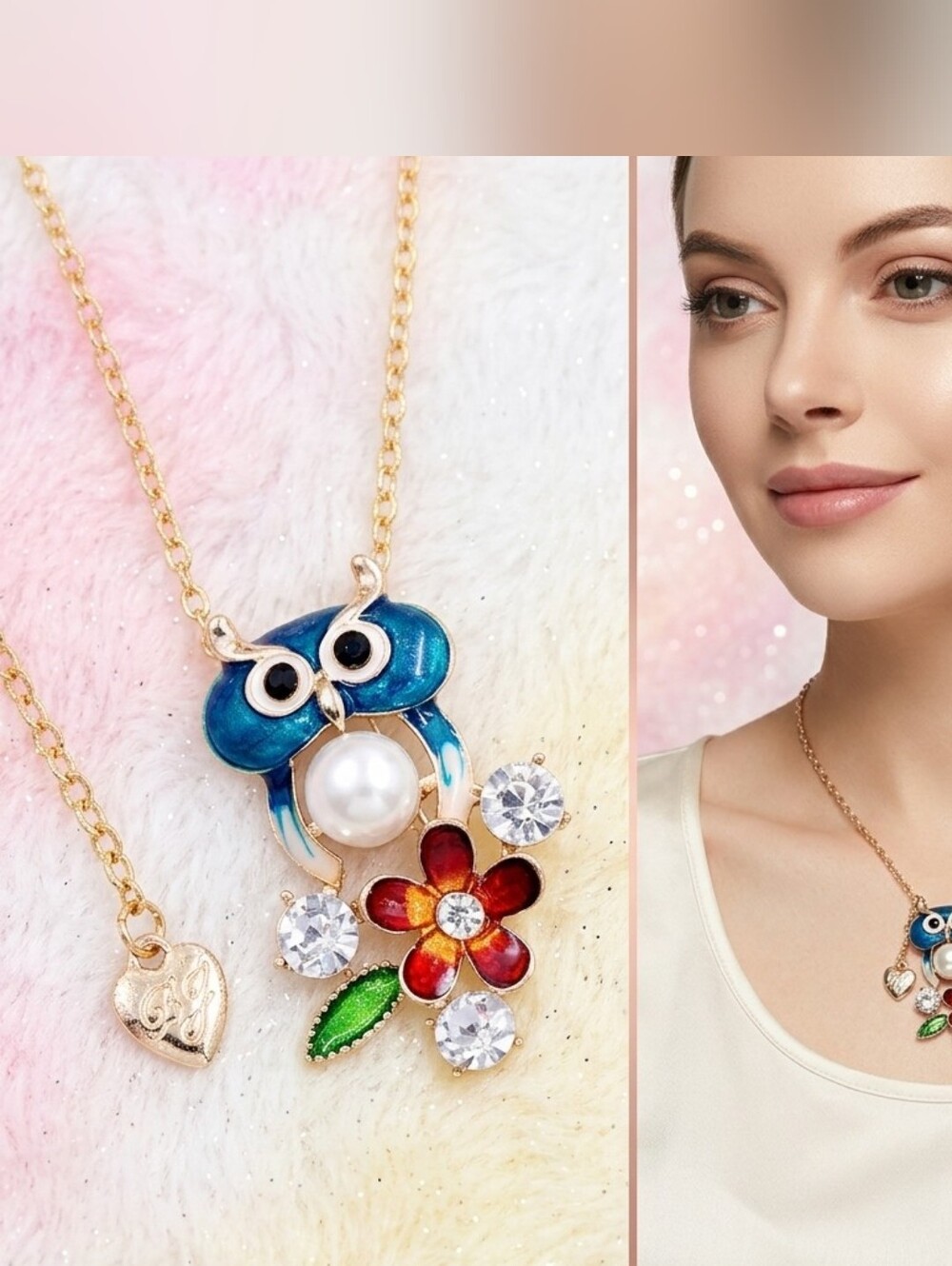 Blue Owl Pendant Necklace with Red Flower Accent